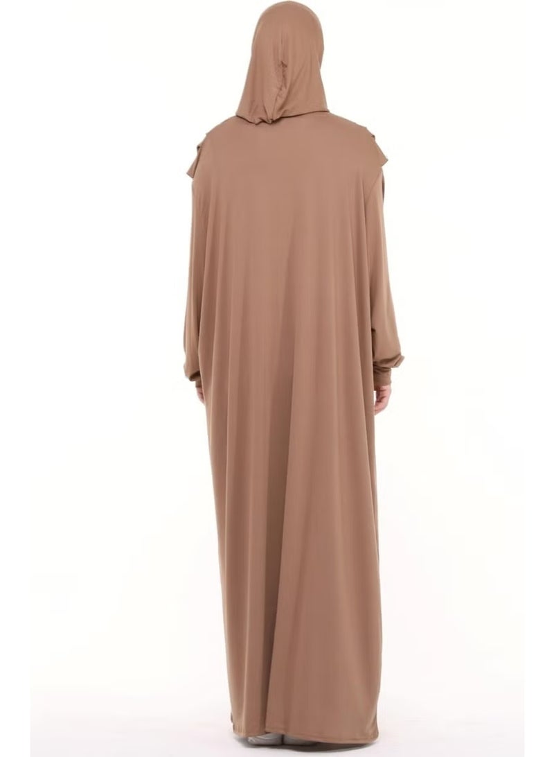 Altobeh Practical One Piece Cotton Bat Sleeves Removable Organic Hijab Prayer Dress with Headscarf - Milk Coffee - Image 4